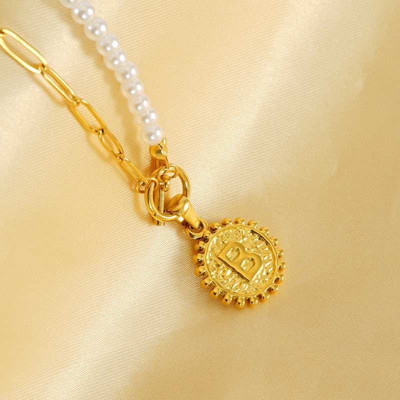 Loopbrek-custom initial necklace-Golden Orbit Pearl Initial Necklace- zoom in