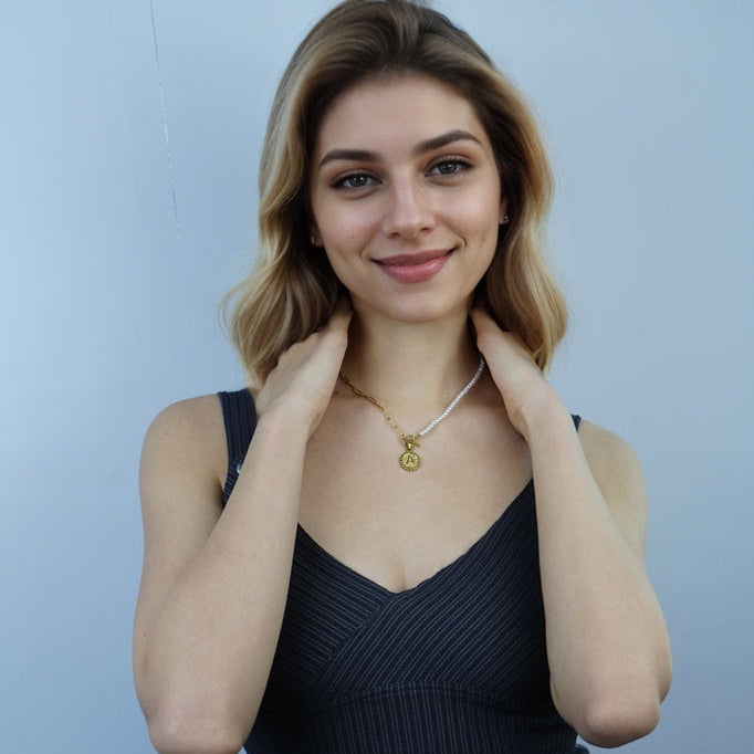 Loopbrek-custom initial necklace-Golden Orbit Pearl Initial Necklace- zoom out