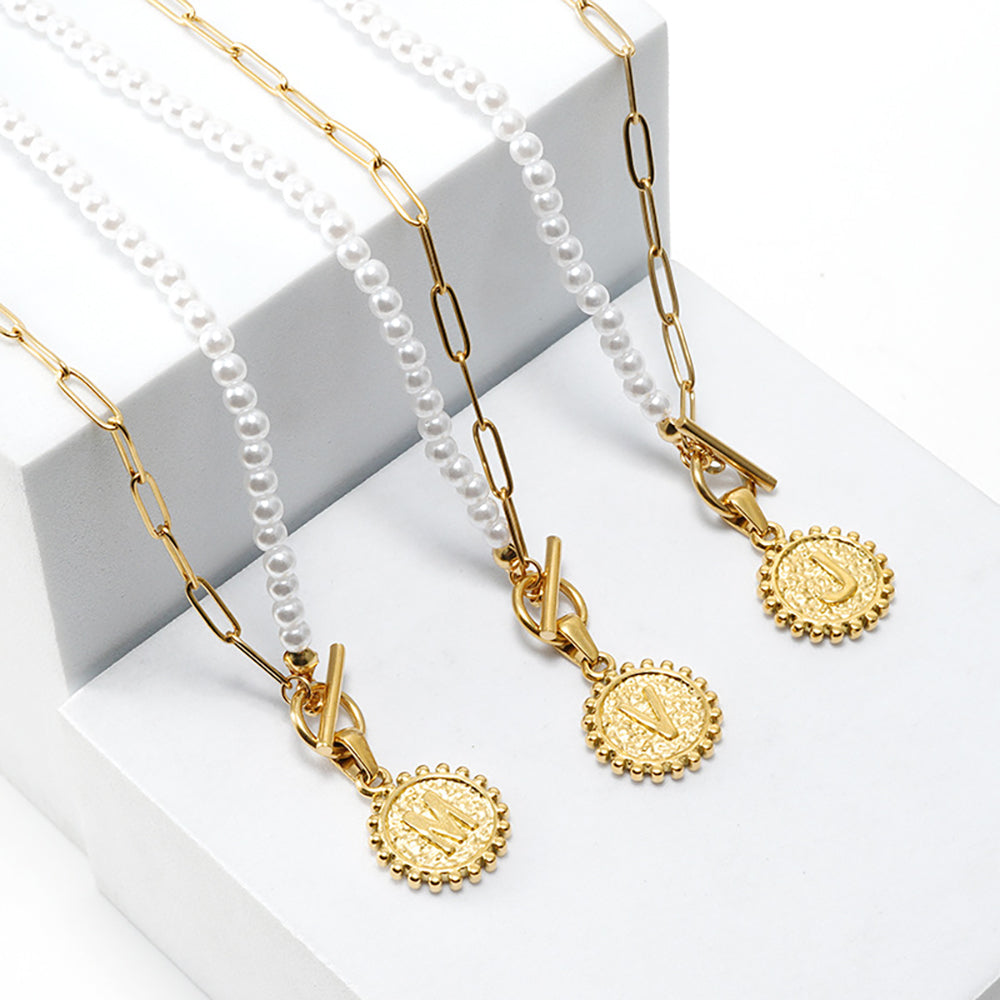 Loopbrek-custom initial necklace-Golden Orbit Pearl Initial Necklace- zoom in