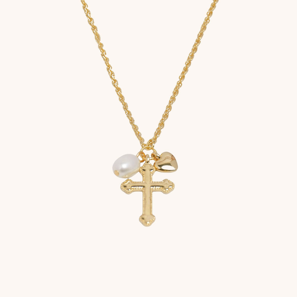 Loopbrek - dainty necklace - Cross & Heart pearl necklace - zoom in